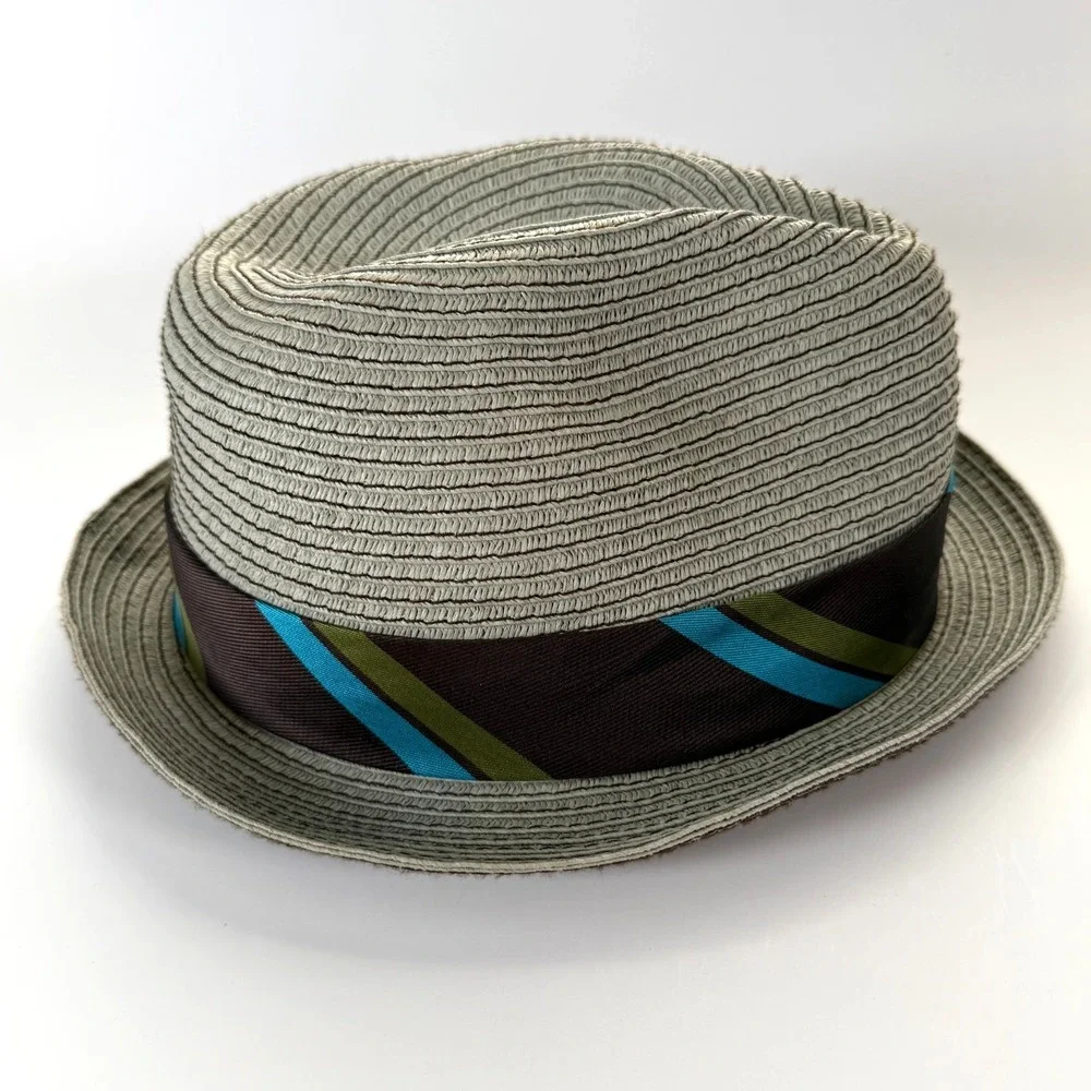 GOORIN BROS Tan Paper Straw Fedora Hat Adult Large Striped Ribbon‎ Brown Blue